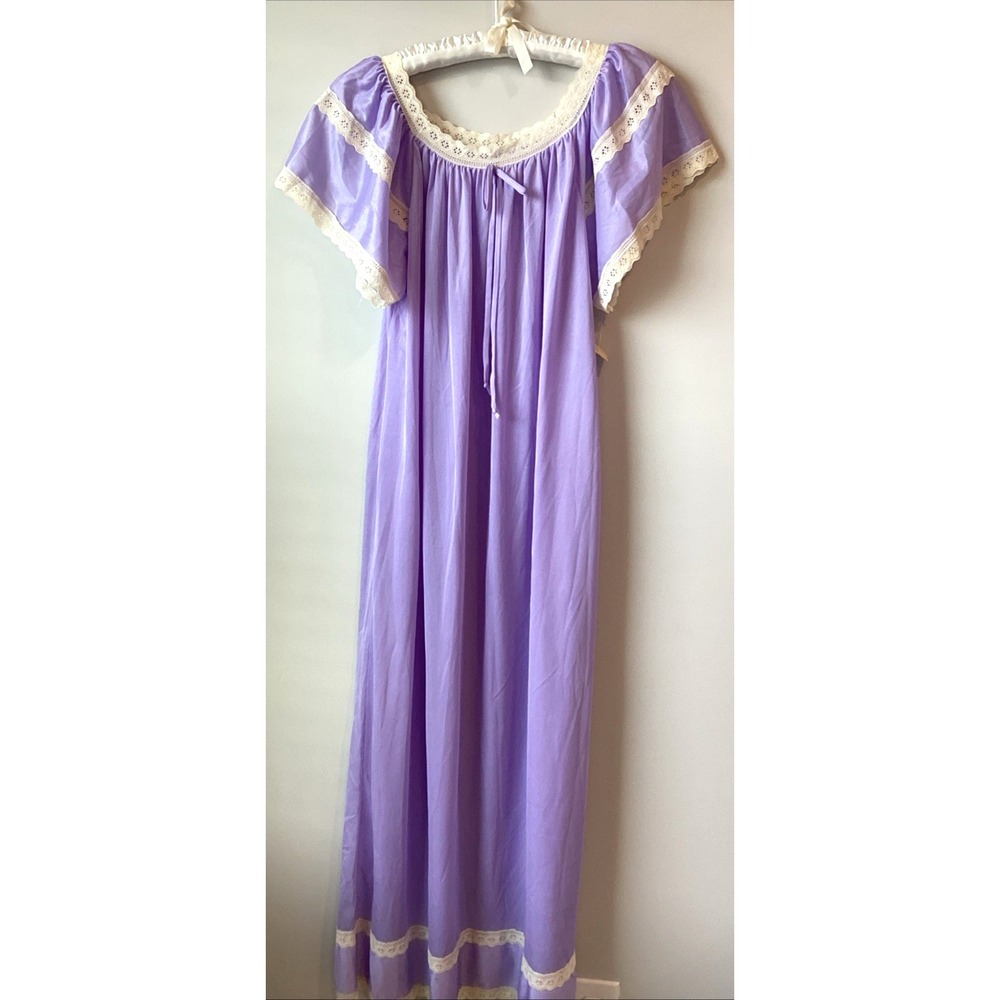 VTG Kmart Nightgown Women's M Long Purple Lace Silky Pajama Cottagecore Fairy